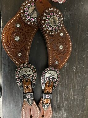 Tooled Brown Leather Western Spur Strap with Decorative pink rhinestones Concho
